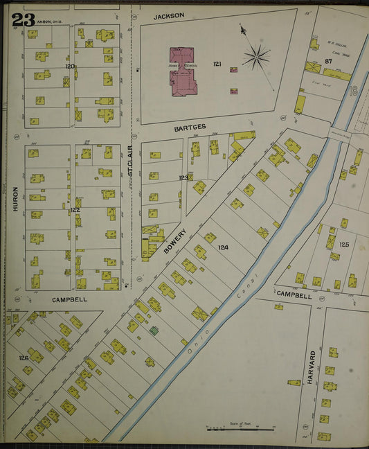 Sanborn Fire Insurance Map from Akron, Summit County, Ohio (1892), Sheet #0023 - Historic Sanborn Fire Insurance Map Print, vintage old map wall art, antique decor, genealogy gift, Ohio Ohio map