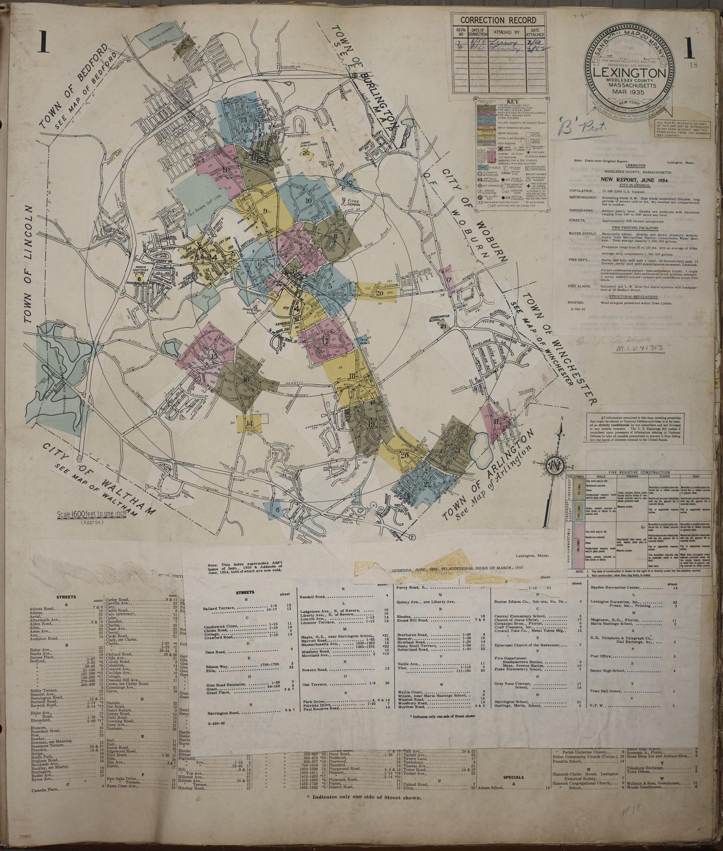 Sanborn Fire Insurance Map from Lexington, Middlesex County, Massachusetts (1961), Sheet #0001 - Historic Sanborn Fire Insurance Map Print, vintage old map wall art, antique decor, genealogy gift, Massachusetts Massachusetts map