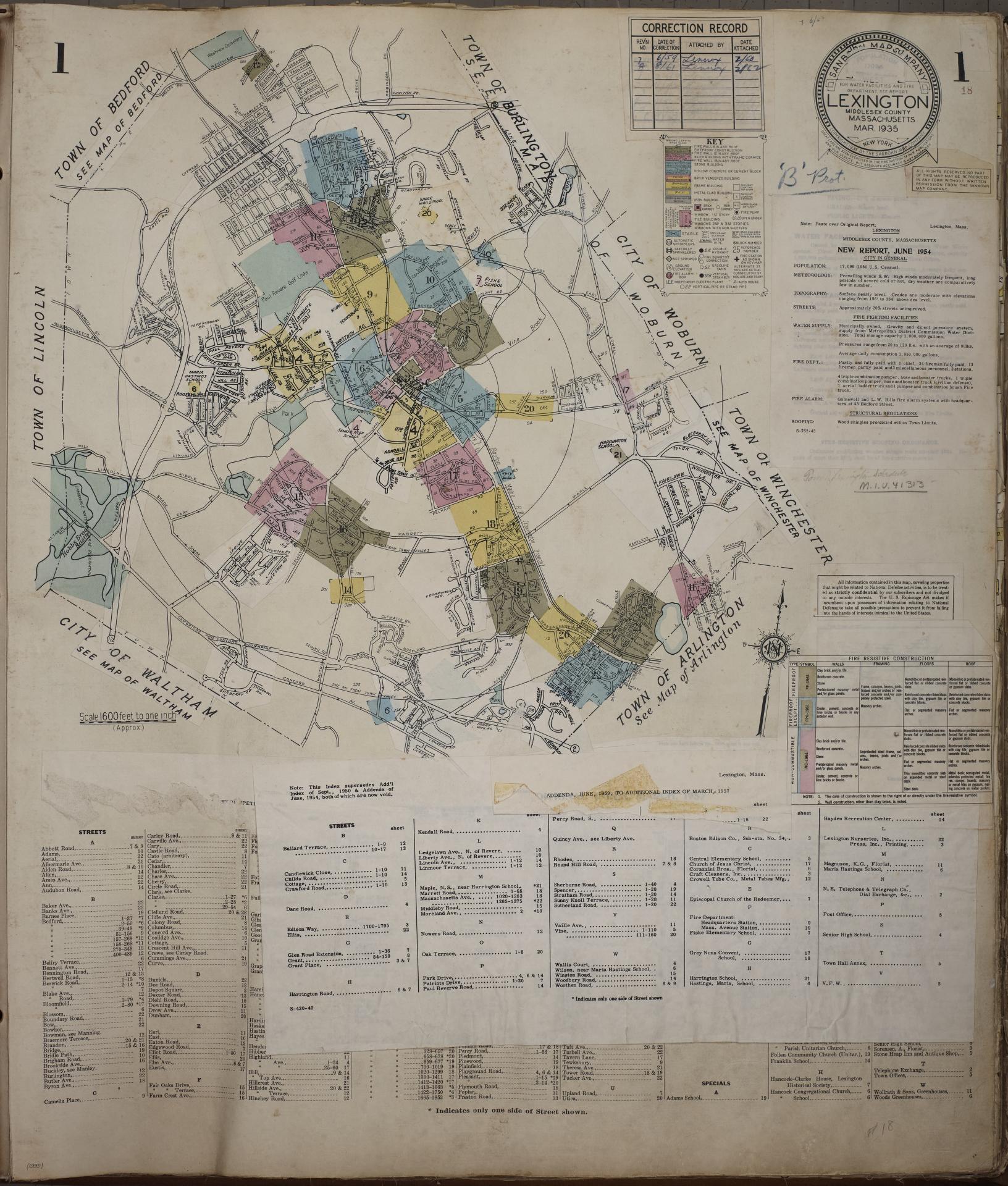 Sanborn Fire Insurance Map from Lexington, Middlesex County, Massachusetts (1961), Sheet #0001 - Historic Sanborn Fire Insurance Map Print, vintage old map wall art, antique decor, genealogy gift, Massachusetts Massachusetts map