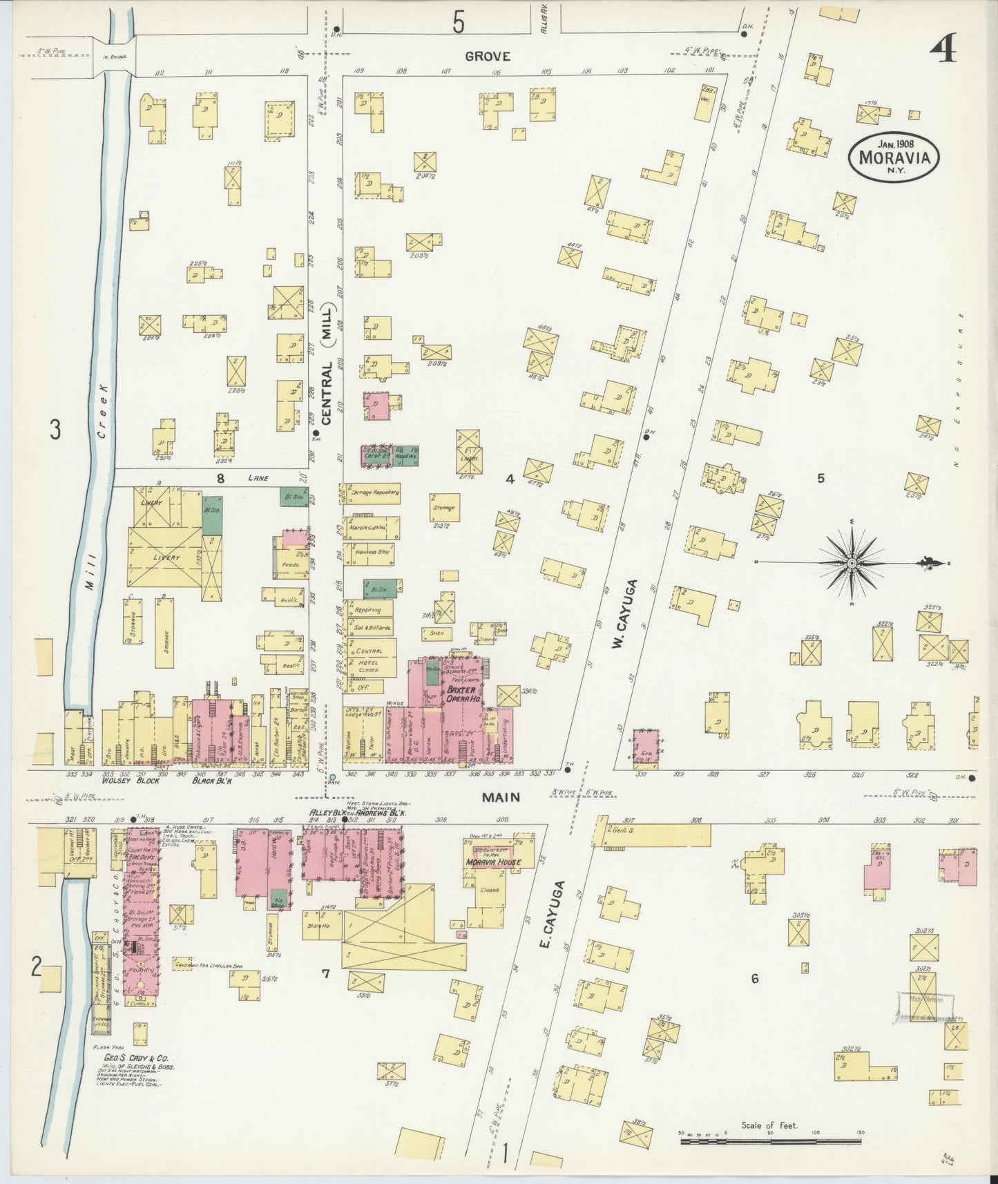 Sanborn Fire Insurance Map from Moravia, Cayuga County, New York (1908), Sheet #0004 - Historic Sanborn Fire Insurance Map Print, vintage old map wall art, antique decor, genealogy gift, New York New York map