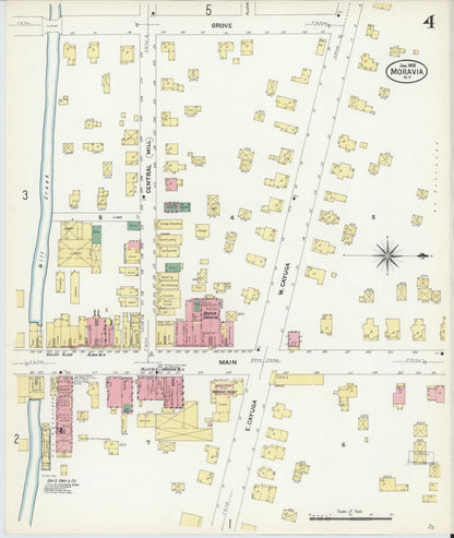 Sanborn Fire Insurance Map from Moravia, Cayuga County, New York (1908), Sheet #0004 - Historic Sanborn Fire Insurance Map Print, vintage old map wall art, antique decor, genealogy gift, New York New York map