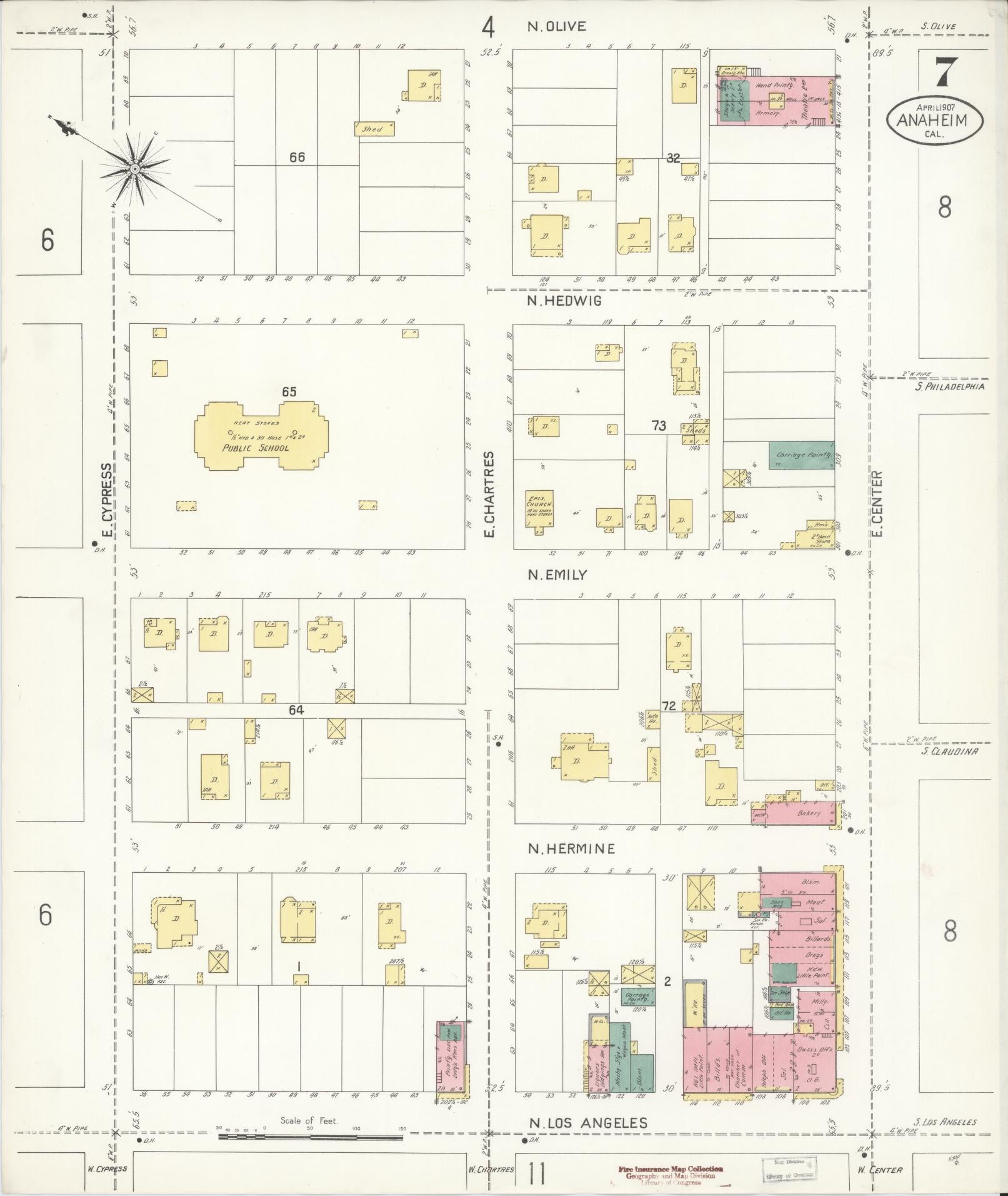 Sanborn Fire Insurance Map from Anaheim, Orange County, California (1907), Sheet #0007 - Historic Sanborn Fire Insurance Map Print, vintage old map wall art, antique decor, genealogy gift, California California map