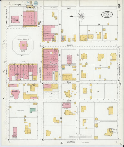 Sanborn Fire Insurance Map from Oxford, Lafayette County, Mississippi (1905), Sheet #0003 - Complete Map Set gallery image, historic Sanborn map, vintage wall art, Mississippi Mississippi