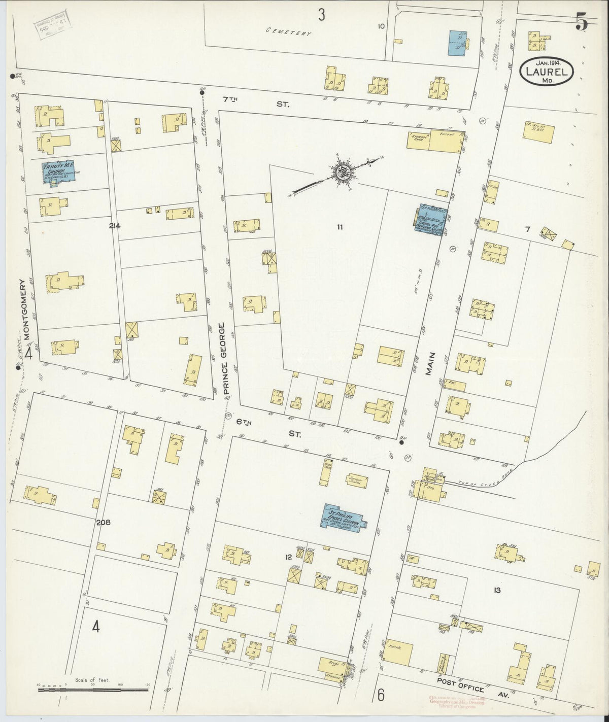 Sanborn Fire Insurance Map from Laurel, Prince Georges County, Maryland (1914), Sheet #0005 - Historic Sanborn Fire Insurance Map Print, vintage old map wall art, antique decor, genealogy gift, Maryland Maryland map