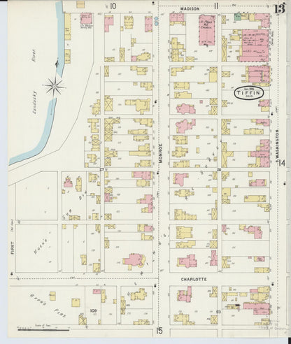 Sanborn Fire Insurance Map from Tiffin, Seneca County, Ohio (1896), Sheet #0013 - Historic Sanborn Fire Insurance Map Print, vintage old map wall art, antique decor, genealogy gift, Ohio Ohio map