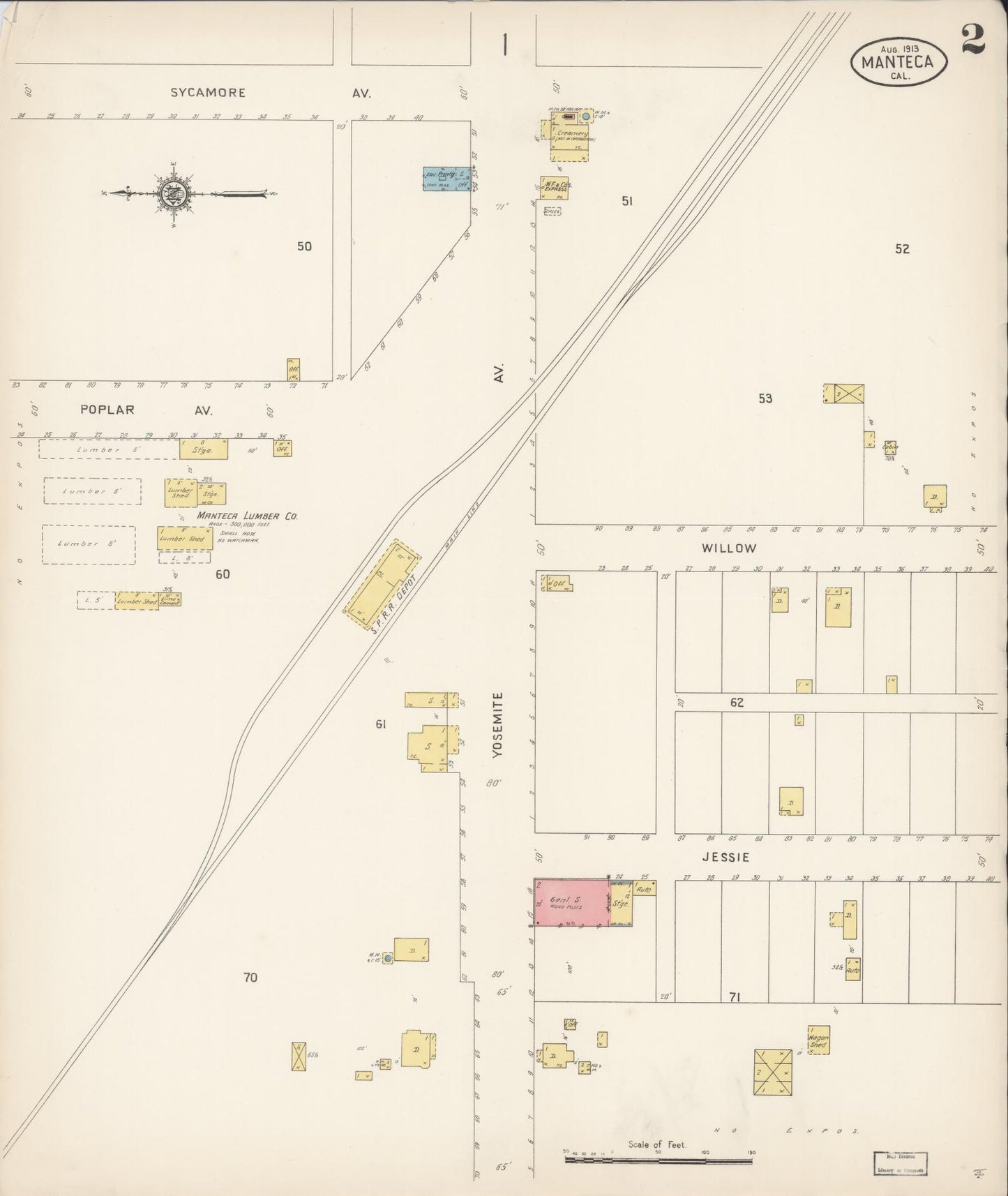 Sanborn Fire Insurance Map from Manteca, San Joaquin County, California (1913), Sheet #0002 - Historic Sanborn Fire Insurance Map Print, vintage old map wall art, antique decor, genealogy gift, California California map