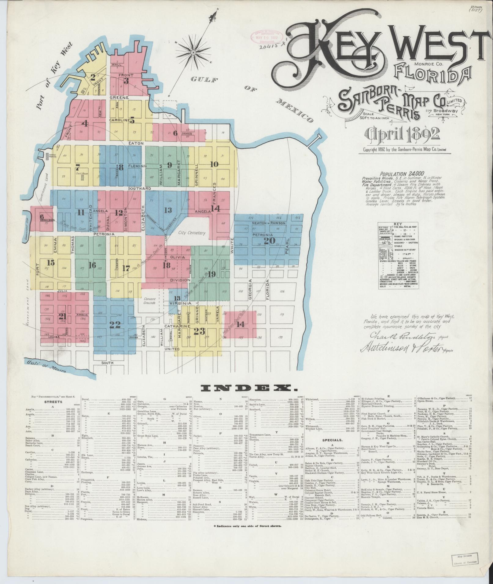Sanborn Fire Insurance Map from Key West, Monroe County, Florida. (1892) – Historic Sanborn Fire Insurance Map Print