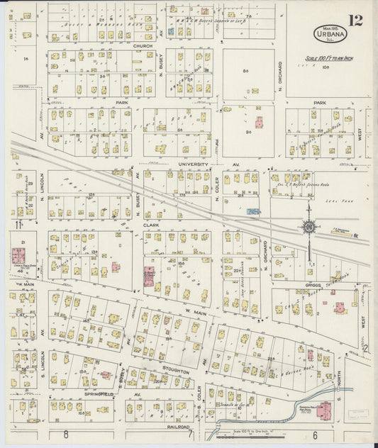 Sanborn Fire Insurance Map from Urbana, Champaign County, Illinois (1915), Sheet #0012 - Historic Sanborn Fire Insurance Map Print, vintage old map wall art, antique decor, genealogy gift, Illinois Illinois map
