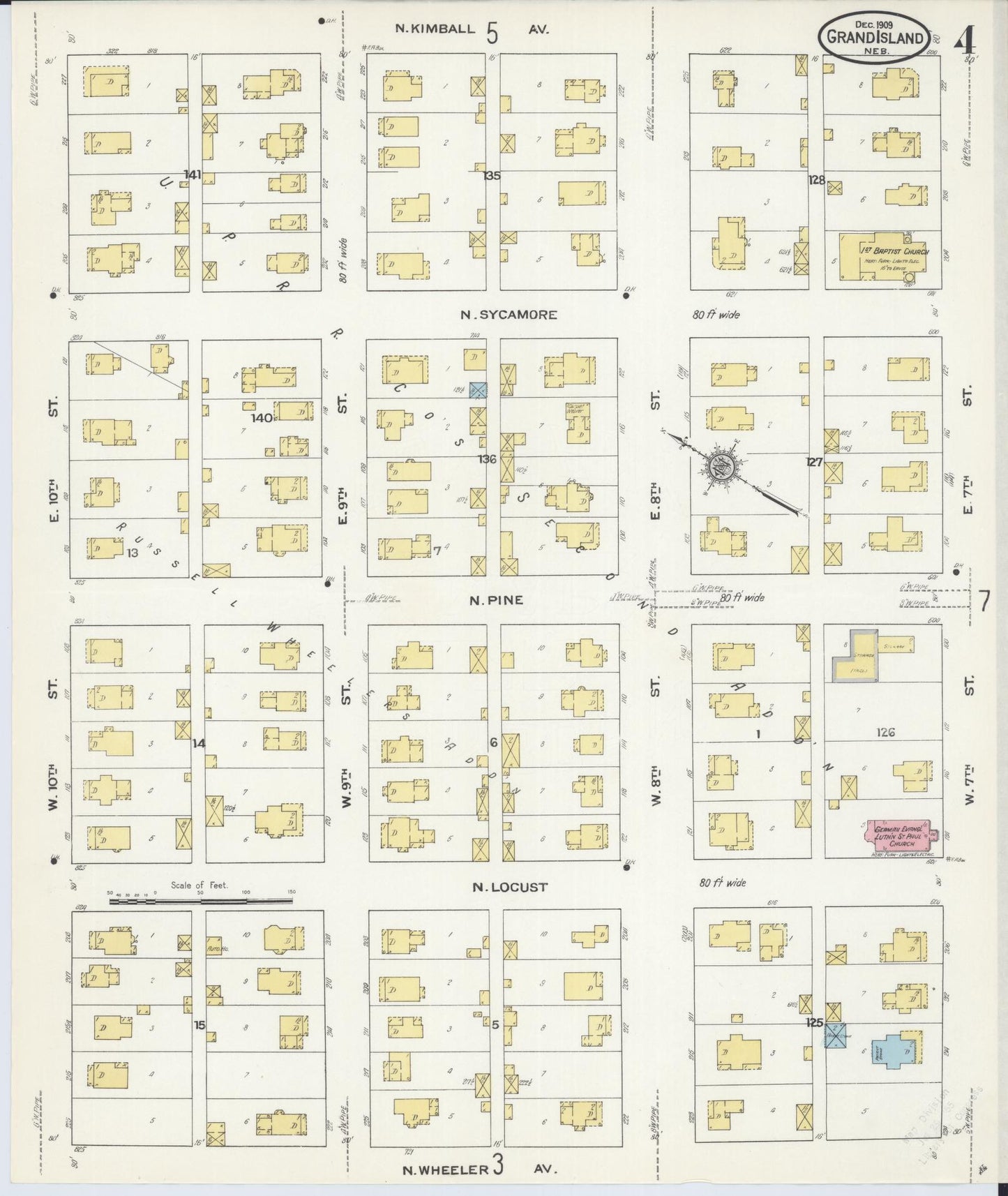 Sanborn Fire Insurance Map from Grand Island, Hall County, Nebraska (1909), Sheet #0004 - Historic Sanborn Fire Insurance Map Print, vintage old map wall art, antique decor, genealogy gift, Nebraska Nebraska map