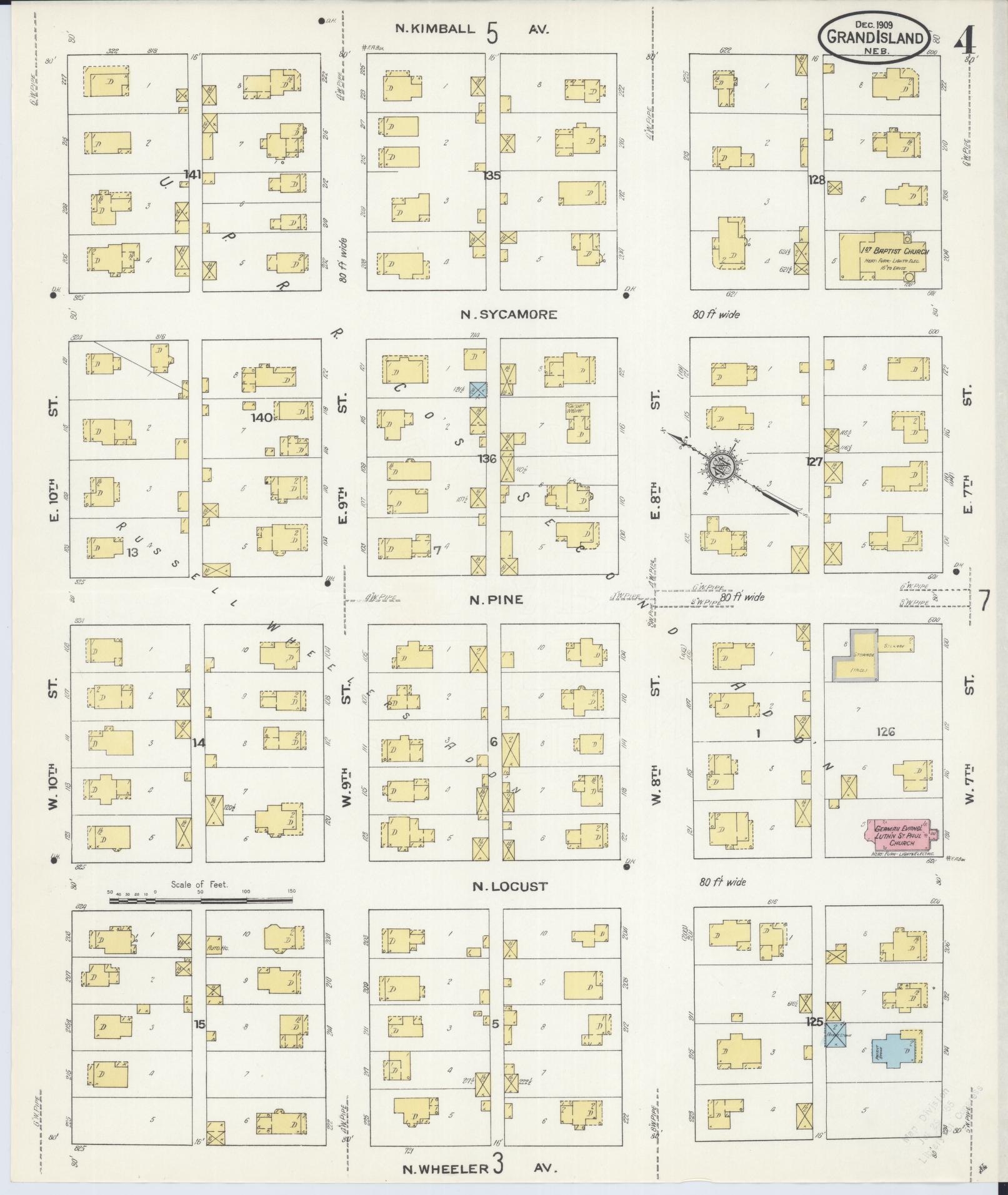 Sanborn Fire Insurance Map from Grand Island, Hall County, Nebraska (1909), Sheet #0004 - Historic Sanborn Fire Insurance Map Print, vintage old map wall art, antique decor, genealogy gift, Nebraska Nebraska map