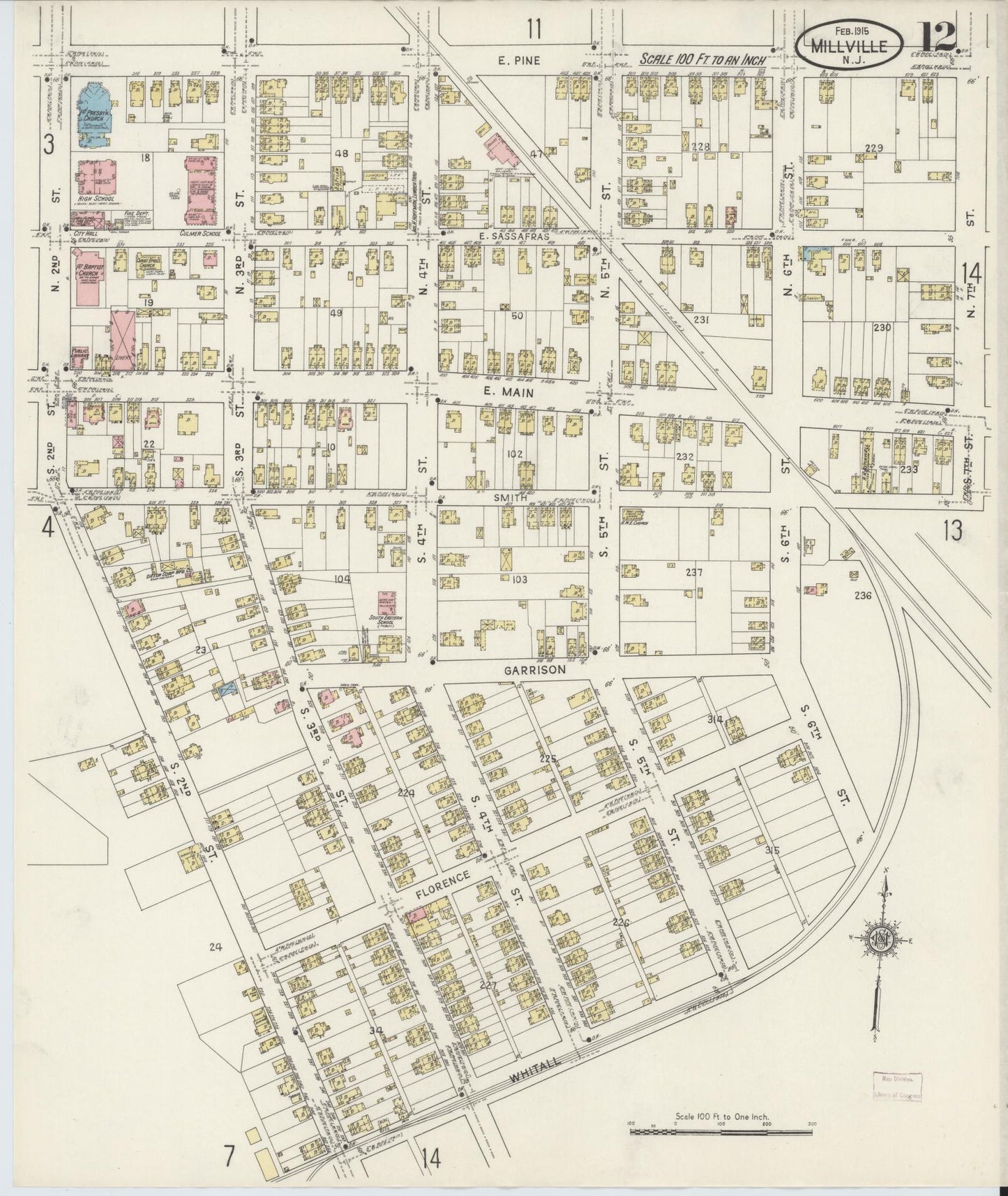 Sanborn Fire Insurance Map from Millville, Cumberland County, New Jersey (1915), Sheet #0012 - Historic Sanborn Fire Insurance Map Print, vintage old map wall art, antique decor, genealogy gift, New Jersey New Jersey map