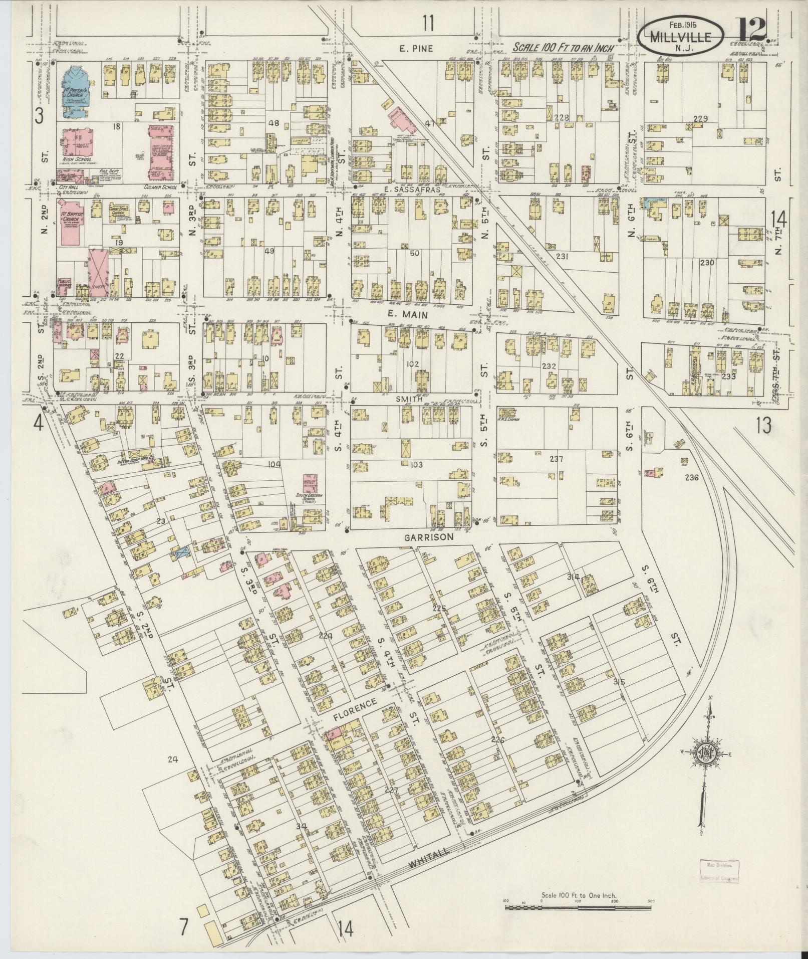 Sanborn Fire Insurance Map from Millville, Cumberland County, New Jersey (1915), Sheet #0012 - Historic Sanborn Fire Insurance Map Print, vintage old map wall art, antique decor, genealogy gift, New Jersey New Jersey map