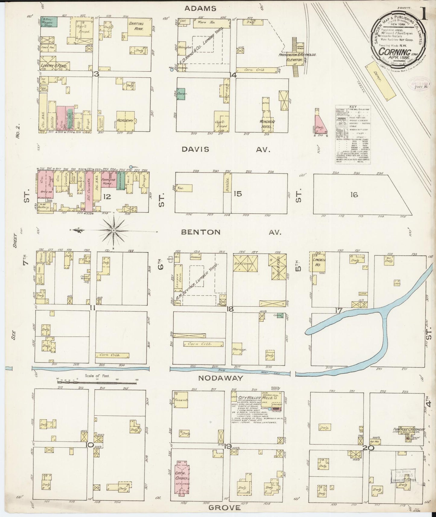 Sanborn Fire Insurance Map from Corning, Adams County, Iowa (1886), Sheet #0001 - Historic Sanborn Fire Insurance Map Print, vintage old map wall art