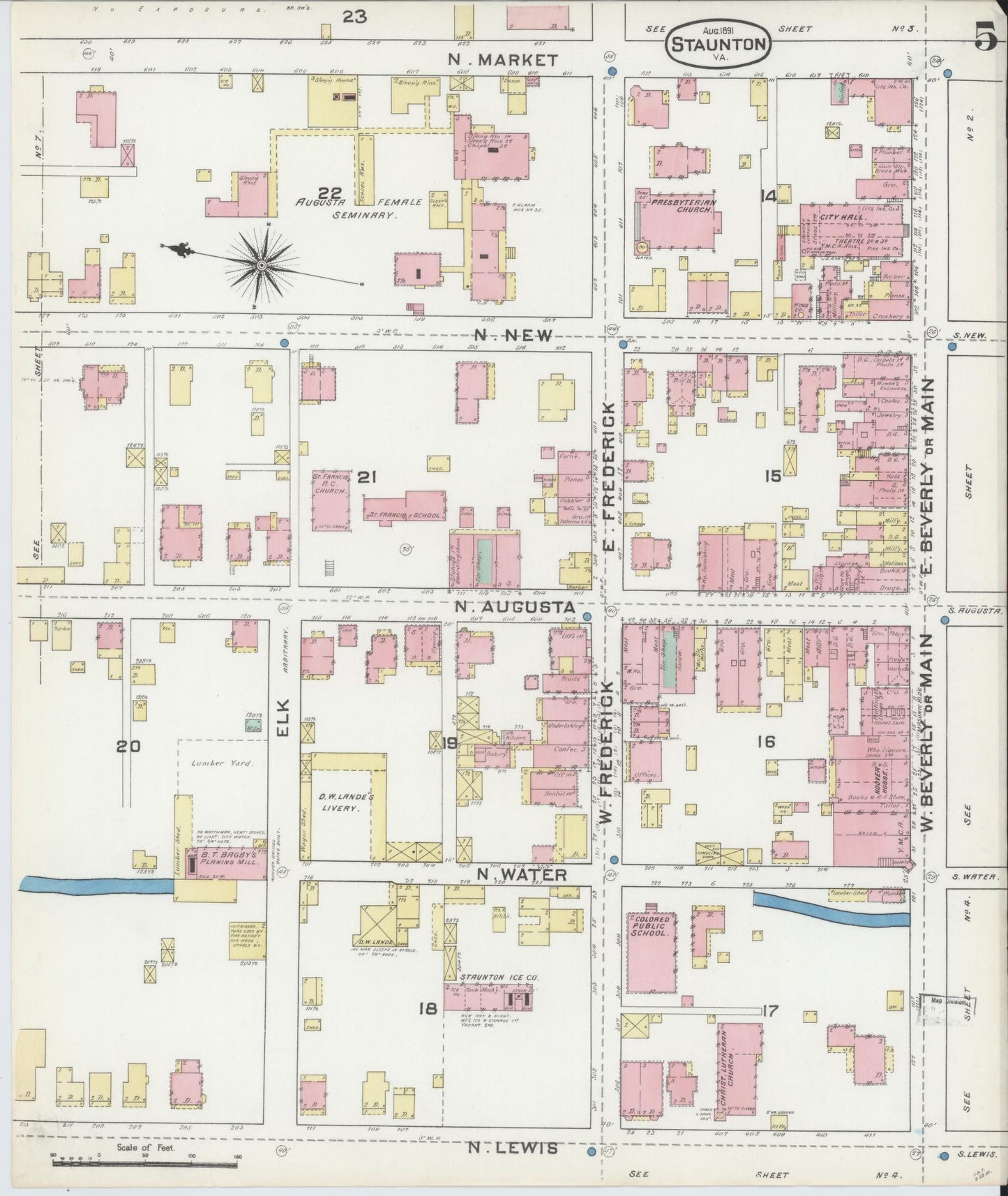 Sanborn Fire Insurance Map from Staunton, Independent Cities, Virginia (1891), Sheet #0005 - Complete Map Set gallery image, historic Sanborn map, vintage wall art, Virginia Virginia