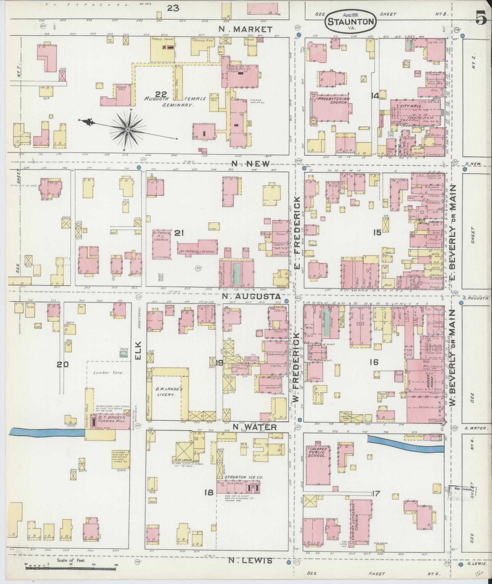 Sanborn Fire Insurance Map from Staunton, Independent Cities, Virginia (1891), Sheet #0005 - Complete Map Set gallery image, historic Sanborn map, vintage wall art, Virginia Virginia