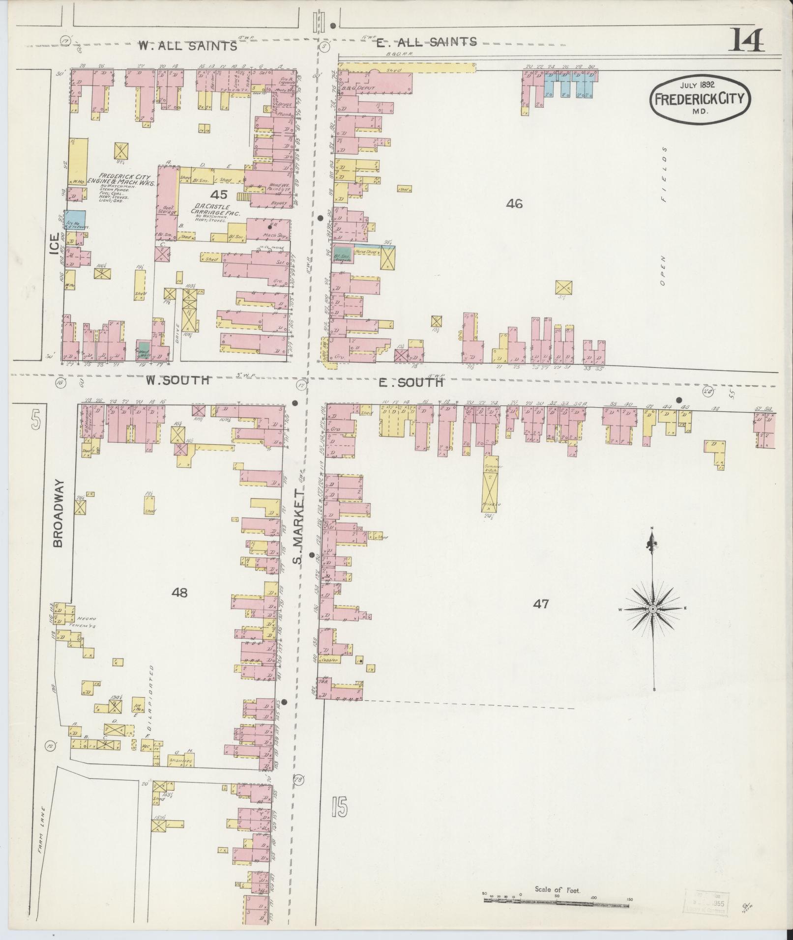 Frederick, Maryland - 1892 - Sanborn Fire Insurance Map, Sheet #0014 - Historic Sanborn Fire Insurance Map Print, Frederick Maryland 1892 0014 vintage old map wall art