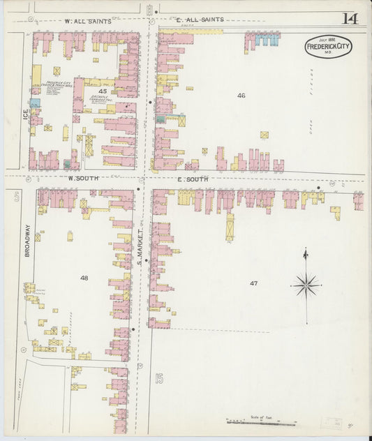 Frederick, Maryland - 1892 - Sanborn Fire Insurance Map, Sheet #0014 - Historic Sanborn Fire Insurance Map Print, Frederick Maryland 1892 0014 vintage old map wall art