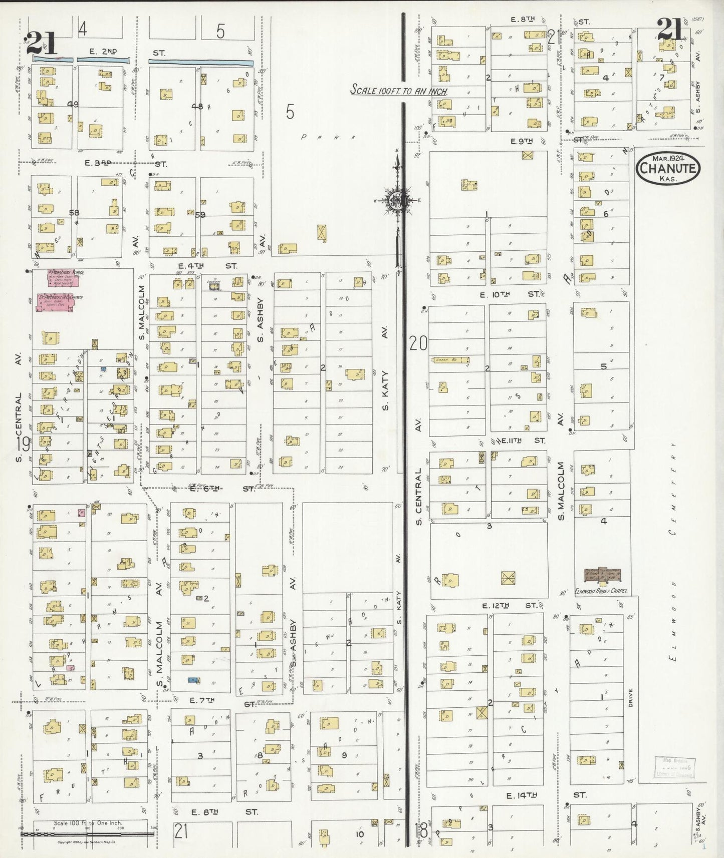 Sanborn Fire Insurance Map from Chanute, Neosho County, Kansas (1924), Sheet #0021 - Complete Map Set gallery image, historic Sanborn map, vintage wall art, Kansas Kansas