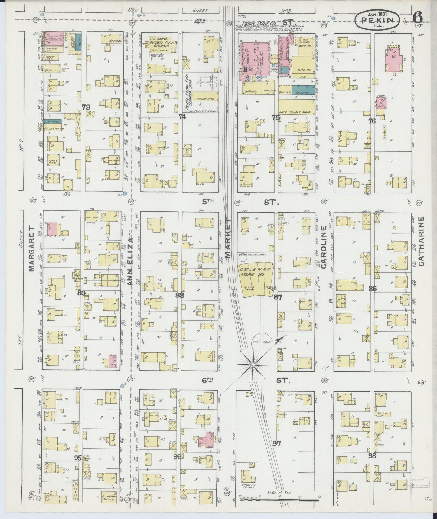 Sanborn Fire Insurance Map from Pekin, Tazewell County, Illinois (1892), Sheet #0006 - Historic Sanborn Fire Insurance Map Print, vintage old map wall art, antique decor, genealogy gift, Illinois Illinois map