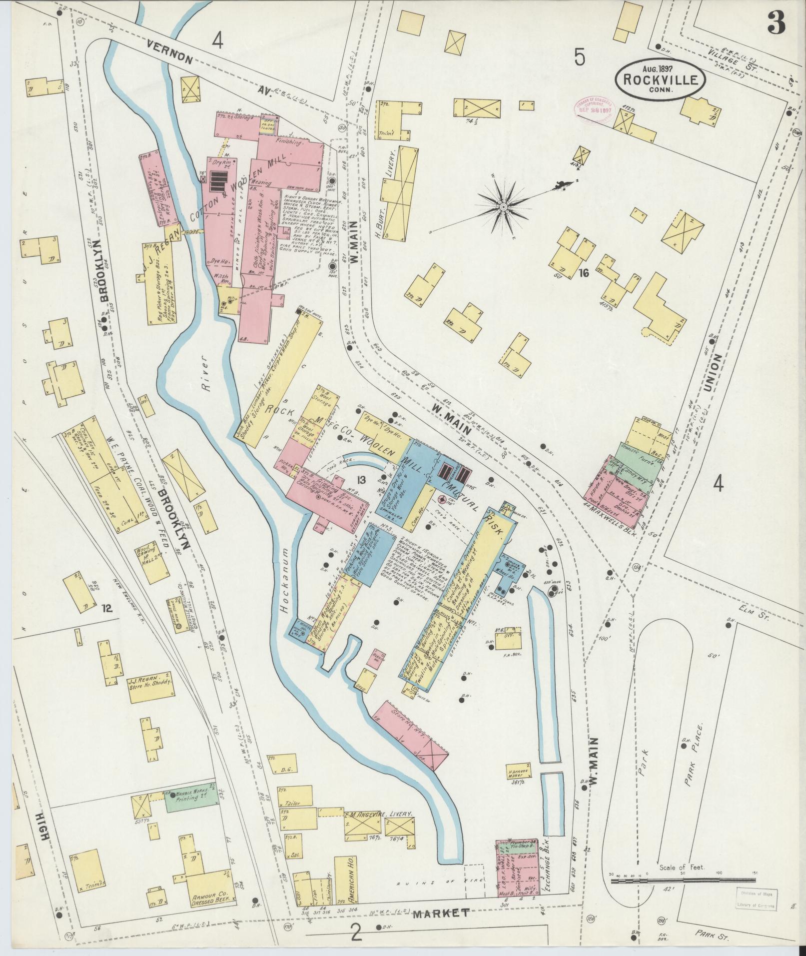 Sanborn Fire Insurance Map from Rockville, Tolland County, Connecticut (1897), Sheet #0003 - Complete Map Set gallery image, historic Sanborn map, vintage wall art, Connecticut Connecticut