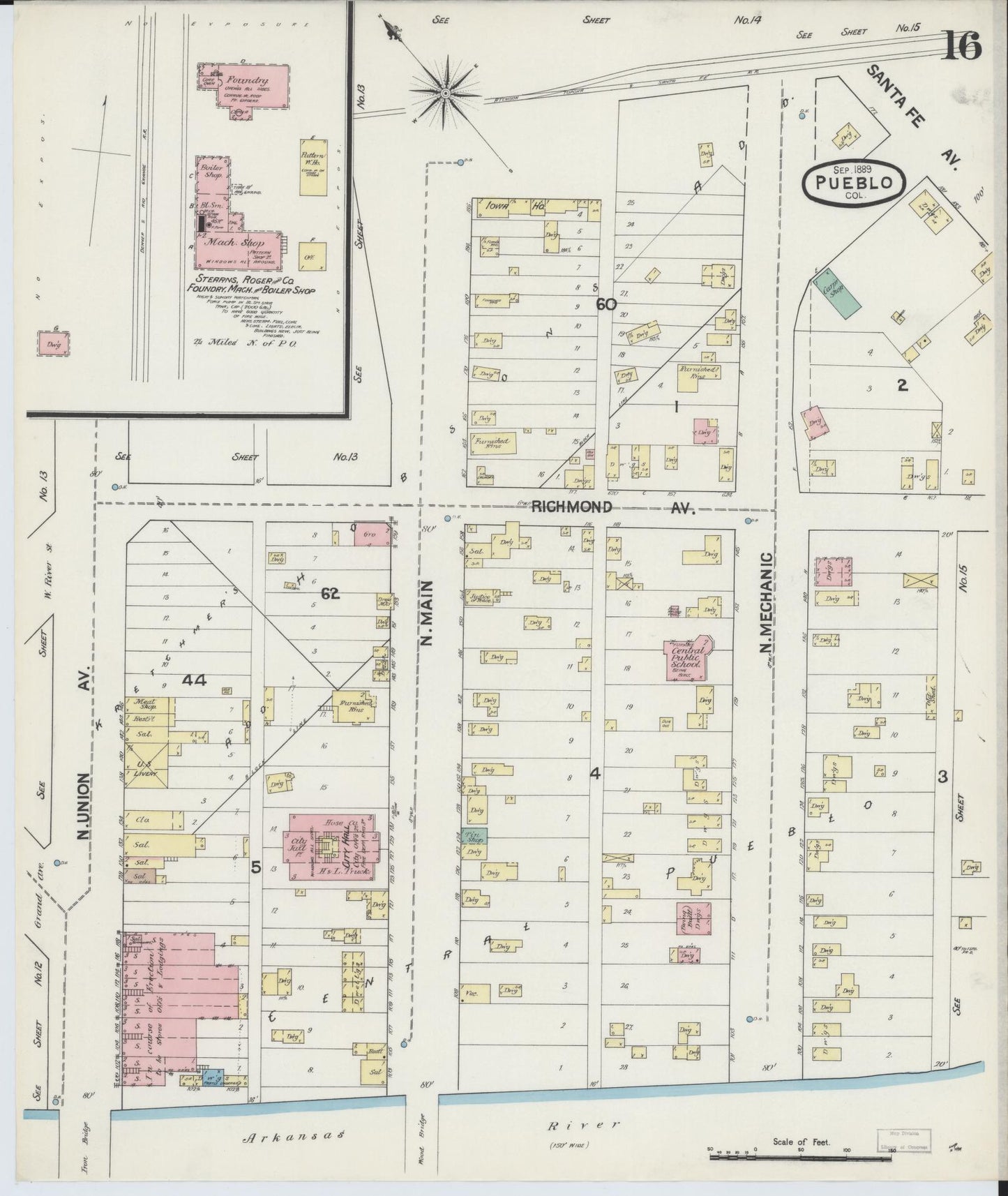 Sanborn Fire Insurance Map from Pueblo, Pueblo County, Colorado (1889), Sheet #0016 - Historic Sanborn Fire Insurance Map Print, vintage old map wall art, antique decor, genealogy gift, Colorado Colorado map