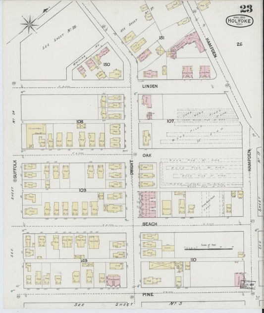 Sanborn Fire Insurance Map from Holyoke, Hampden County, Massachusetts (1889), Sheet #0023 - Historic Sanborn Fire Insurance Map Print, vintage old map wall art, antique decor, genealogy gift, Massachusetts Massachusetts map