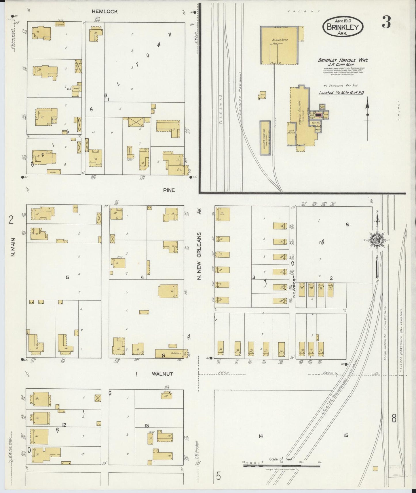 Sanborn Fire Insurance Map from Brinkley, Monroe County, Arkansas (1919), Sheet #0003 - Complete Map Set gallery image, historic Sanborn map, vintage wall art, Arkansas Arkansas