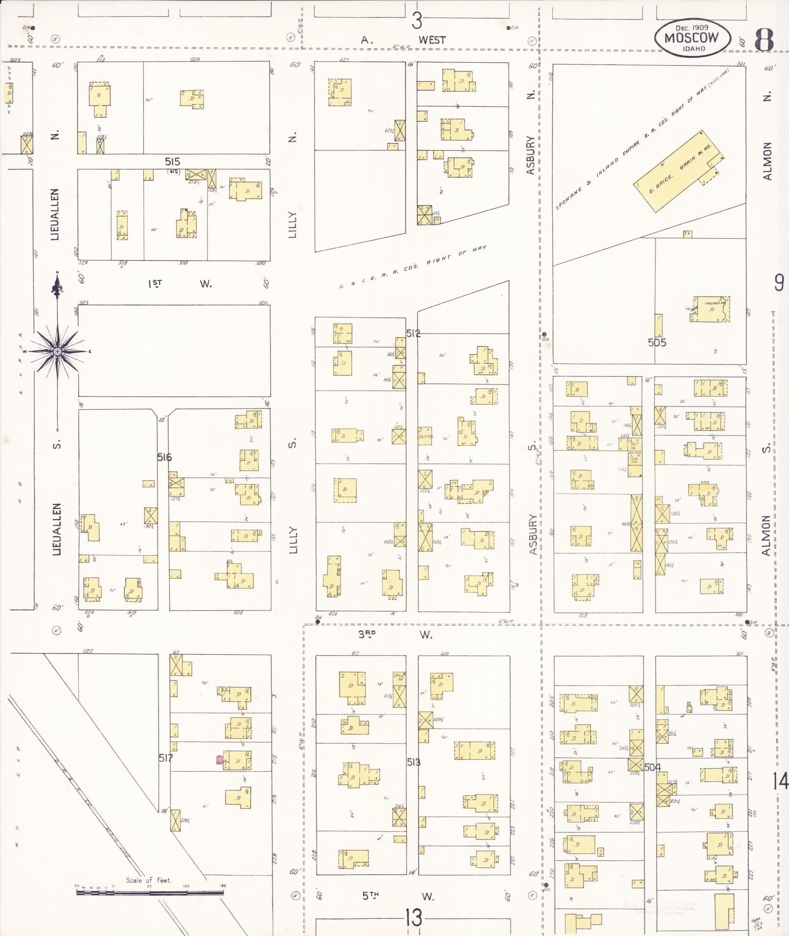 Sanborn Fire Insurance Map from Moscow, Latah County, Idaho (1909), Sheet #0008 - Historic Sanborn Fire Insurance Map Print, vintage old map wall art, antique decor, genealogy gift, Idaho Idaho map