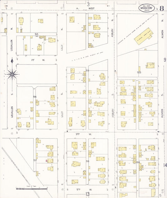 Sanborn Fire Insurance Map from Moscow, Latah County, Idaho (1909), Sheet #0008 - Historic Sanborn Fire Insurance Map Print, vintage old map wall art, antique decor, genealogy gift, Idaho Idaho map