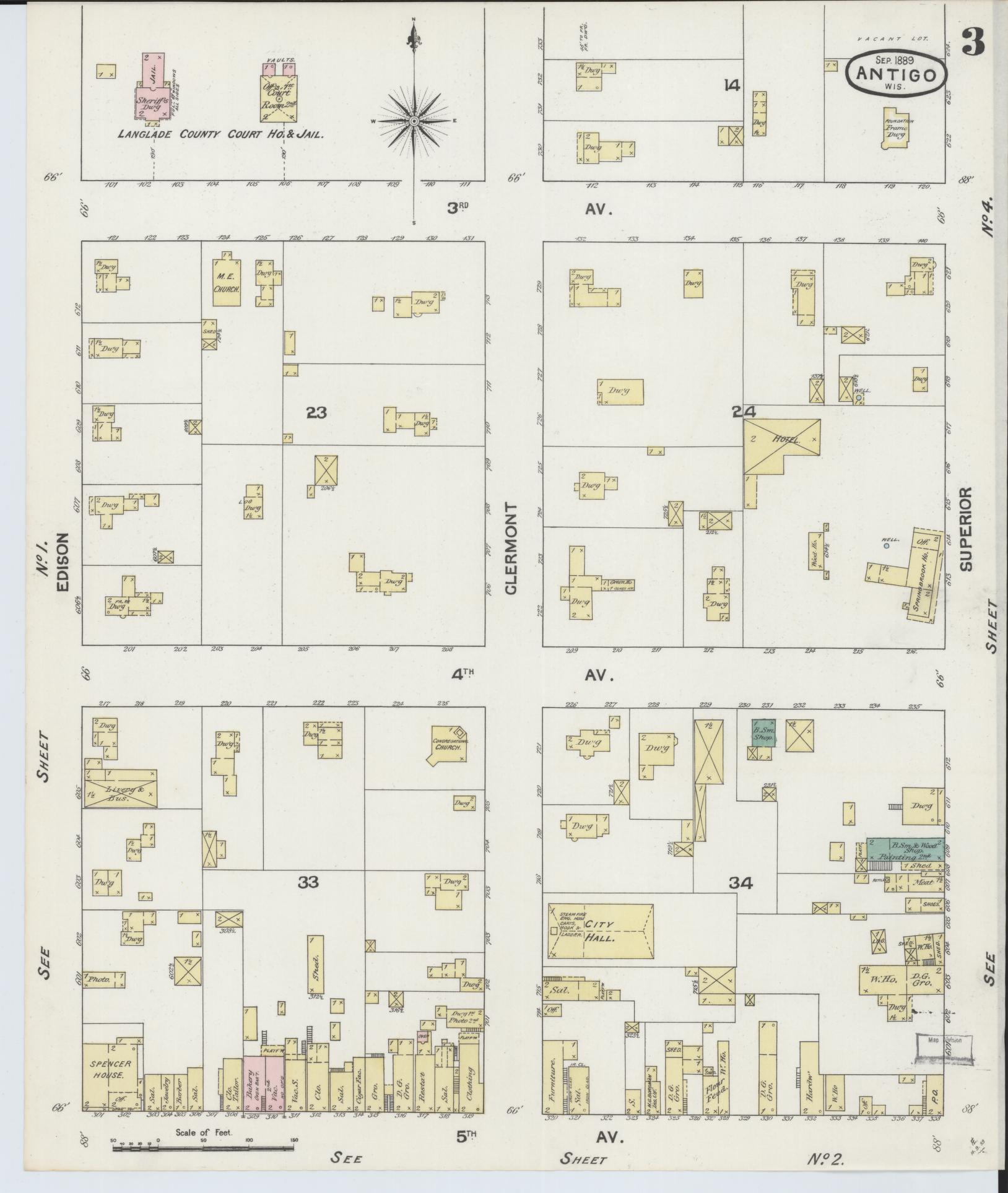 Sanborn Fire Insurance Map from Antigo, Langlade County, Wisconsin (1889), Sheet #0003 - Historic Sanborn Fire Insurance Map Print, vintage old map wall art, antique decor, genealogy gift, Wisconsin Wisconsin map