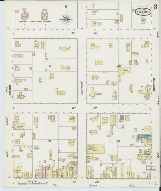 Sanborn Fire Insurance Map from Antigo, Langlade County, Wisconsin (1889), Sheet #0003 - Historic Sanborn Fire Insurance Map Print, vintage old map wall art, antique decor, genealogy gift, Wisconsin Wisconsin map