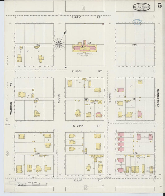 Sanborn Fire Insurance Map from Cheyenne, Laramie County, Wyoming (1894), Sheet #0005 - Historic Sanborn Fire Insurance Map Print, vintage old map wall art, antique decor, genealogy gift, Wyoming Wyoming map