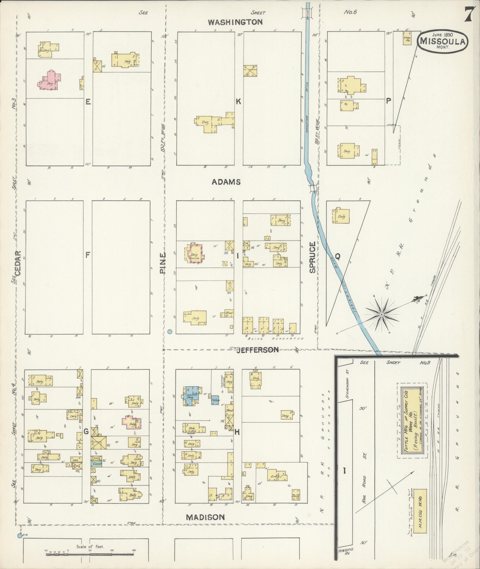 Sanborn Fire Insurance Map from Missoula, Missoula County, Montana (1890), Sheet #0007 - Historic Sanborn Fire Insurance Map Print, vintage old map wall art, antique decor, genealogy gift, Montana Montana map