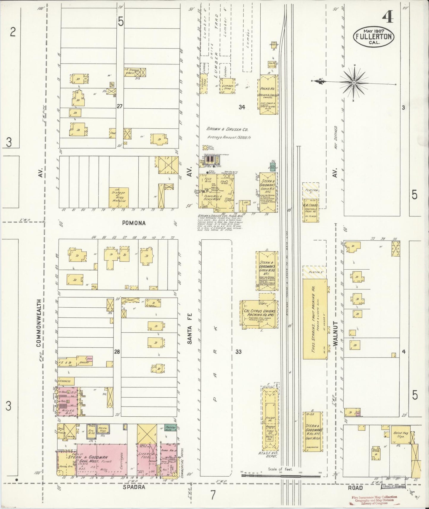 Sanborn Fire Insurance Map from Fullerton, Orange County, California (1907), Sheet #0004 - Historic Sanborn Fire Insurance Map Print, vintage old map wall art, antique decor, genealogy gift, California California map