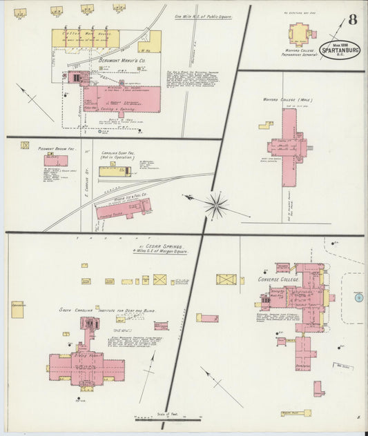 Sanborn Fire Insurance Map from Spartanburg, Spartanburg County, South Carolina (1898), Sheet #0008 - Historic Sanborn Fire Insurance Map Print, vintage old map wall art, antique decor, genealogy gift, South Carolina South Carolina map