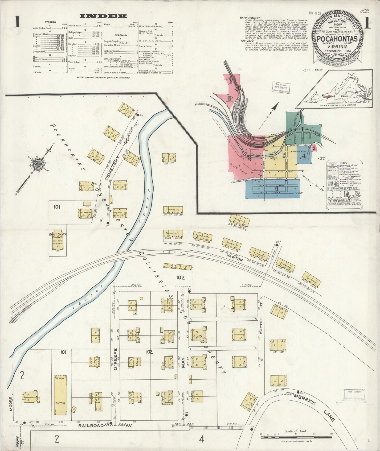Sanborn Fire Insurance Map from Pocahontas, Tazewell County, Virginia (1923), Sheet #0001 - Complete Map Set gallery image, historic Sanborn map, vintage wall art, Virginia Virginia