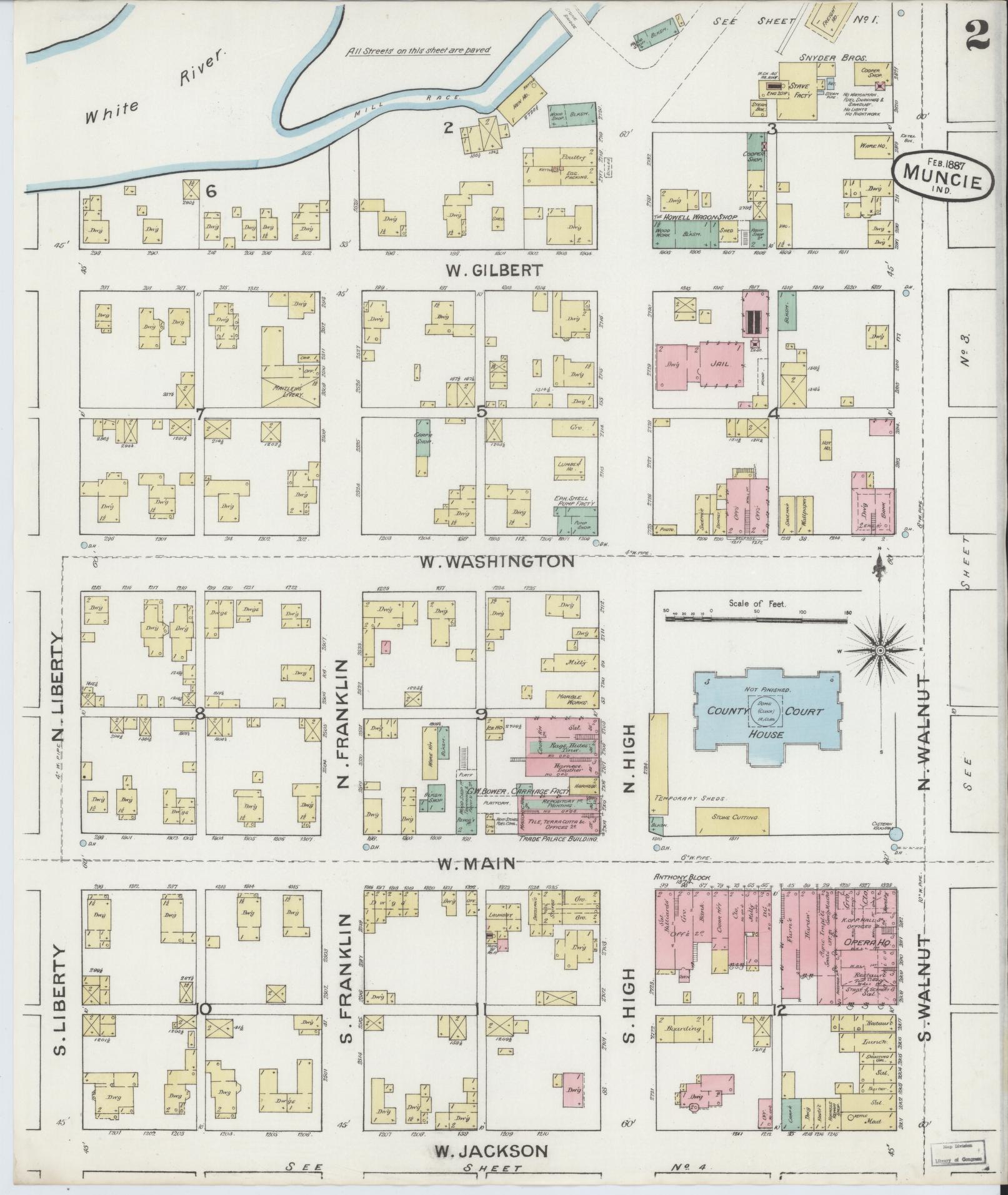 Sanborn Fire Insurance Map from Muncie, Delaware County, Indiana (1887), Sheet #0002 - Historic Sanborn Fire Insurance Map Print, vintage old map wall art, antique decor, genealogy gift, Muncie Delaware map