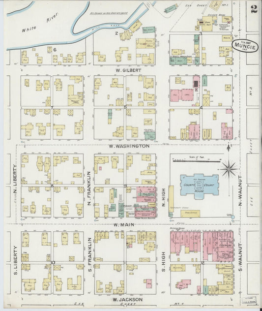 Sanborn Fire Insurance Map from Muncie, Delaware County, Indiana (1887), Sheet #0002 - Historic Sanborn Fire Insurance Map Print, vintage old map wall art, antique decor, genealogy gift, Muncie Delaware map