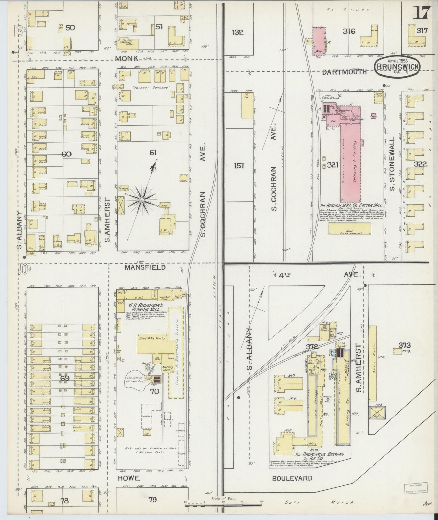 Sanborn Fire Insurance Map from Brunswick, Glynn County, Georgia (1893), Sheet #0017 - Historic Sanborn Fire Insurance Map Print, vintage old map wall art, antique decor, genealogy gift, Georgia Georgia map