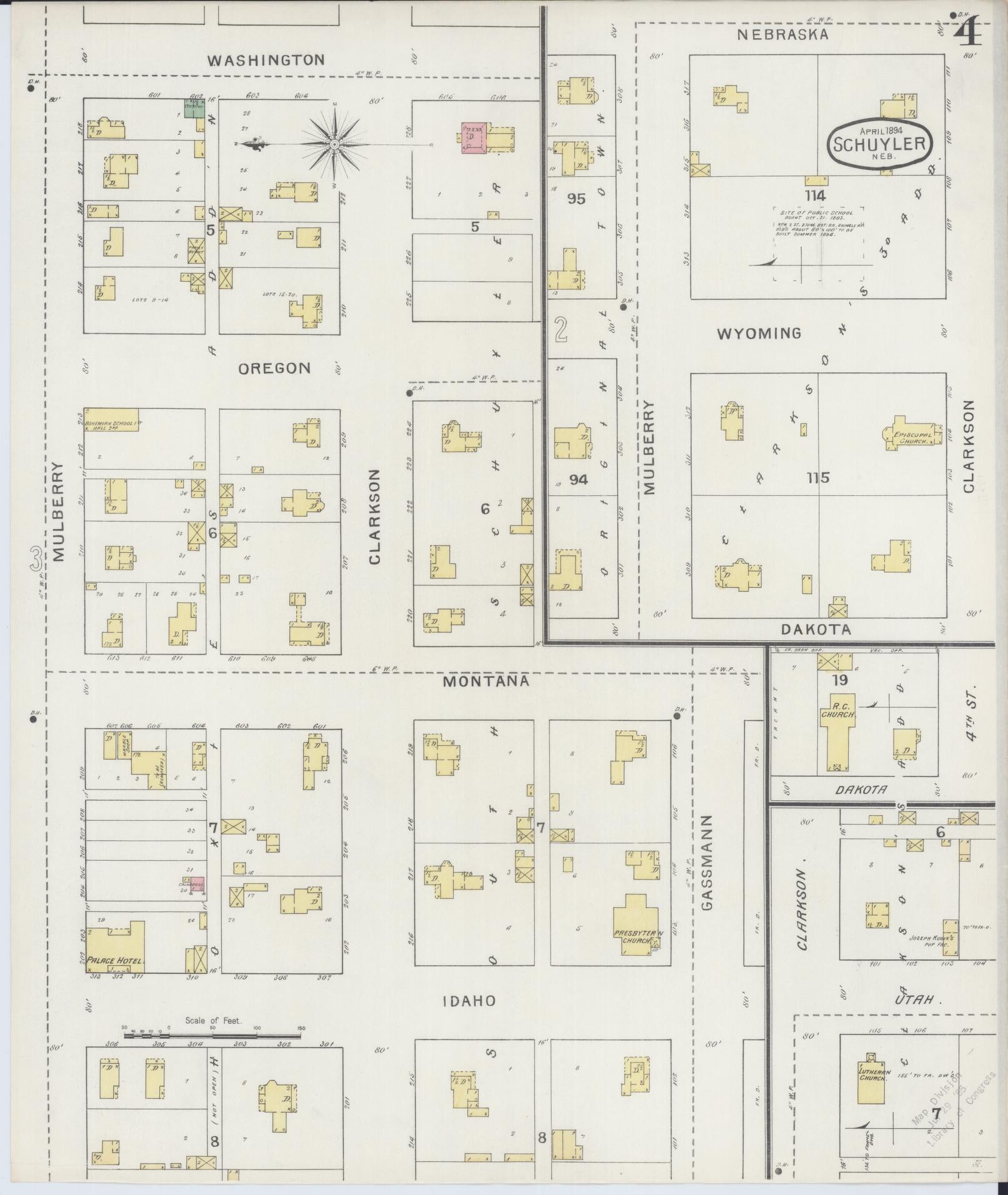 Sanborn Fire Insurance Map from Schuyler, Colfax County, Nebraska (1894), Sheet #0004 - Historic Sanborn Fire Insurance Map Print, vintage old map wall art, antique decor, genealogy gift, Nebraska Nebraska map