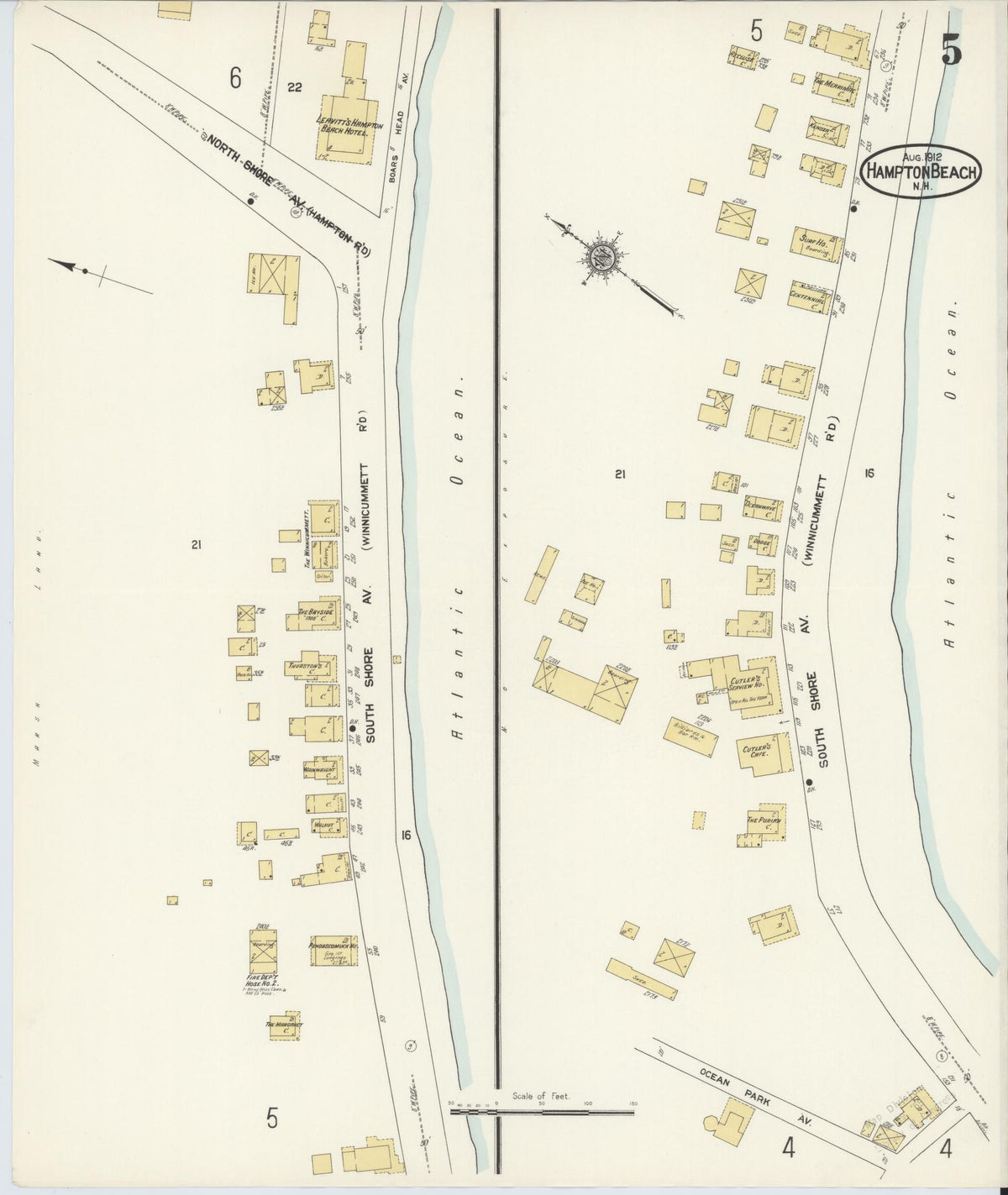 Sanborn Fire Insurance Map from Hampton Beach, Rockingham County, New Hampshire (1912), Sheet #0005 - Historic Sanborn Fire Insurance Map Print, vintage old map wall art, antique decor, genealogy gift, New Hampshire New Hampshire map