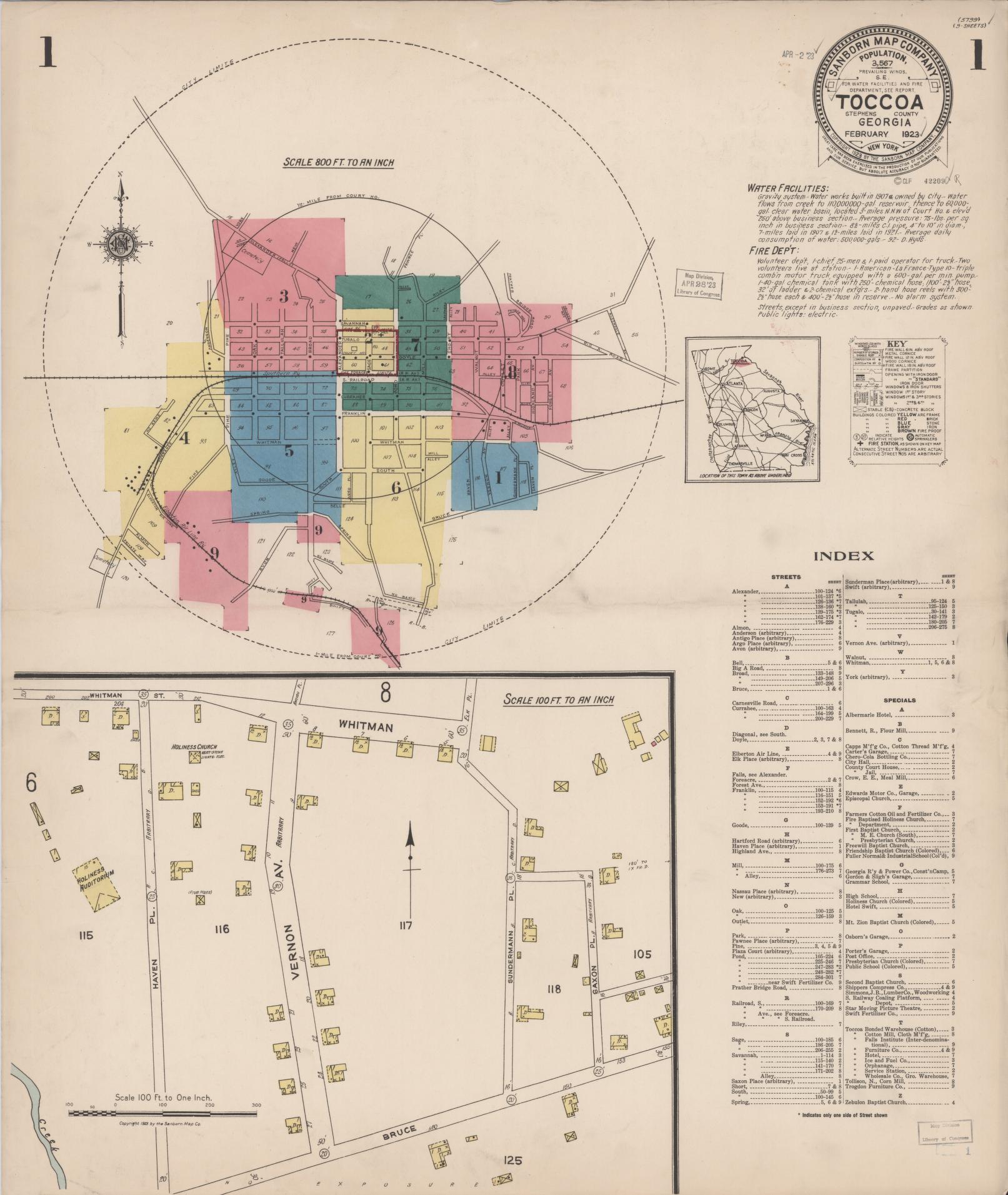 Sanborn Fire Insurance Map from Toccoa, Stephens County, Georgia (1923), Sheet #0001 - Complete Map Set gallery image, historic Sanborn map, vintage wall art, Georgia Georgia