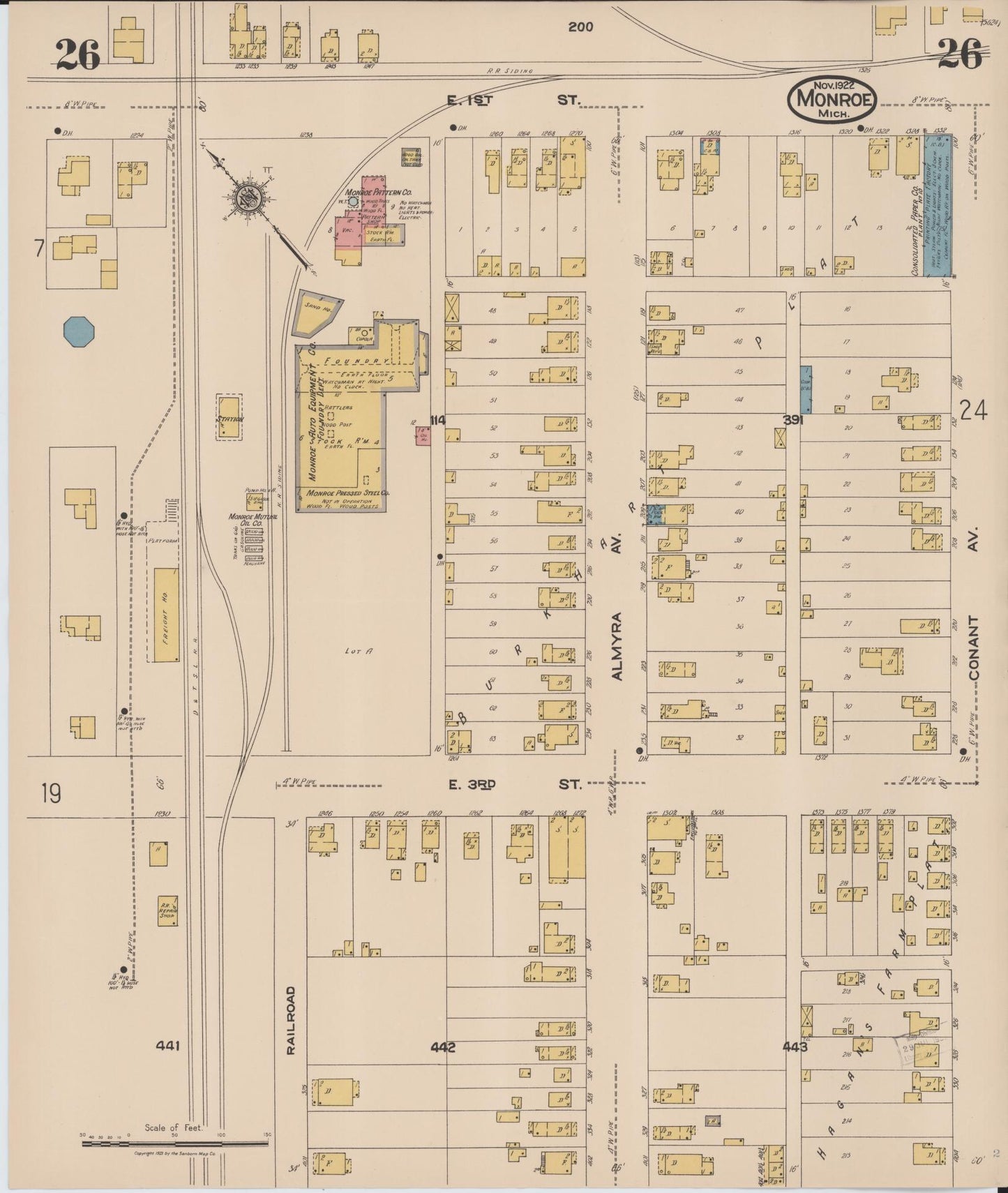 Sanborn Fire Insurance Map from Monroe, Monroe County, Michigan (1922), Sheet #0026 - Historic Sanborn Fire Insurance Map Print, vintage old map wall art, antique decor, genealogy gift, Michigan Michigan map