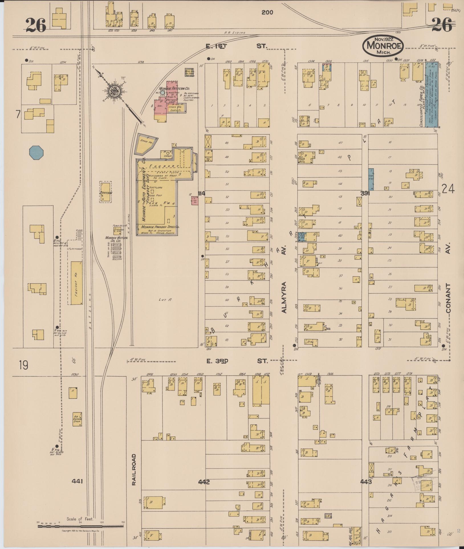 Sanborn Fire Insurance Map from Monroe, Monroe County, Michigan (1922), Sheet #0026 - Historic Sanborn Fire Insurance Map Print, vintage old map wall art, antique decor, genealogy gift, Michigan Michigan map