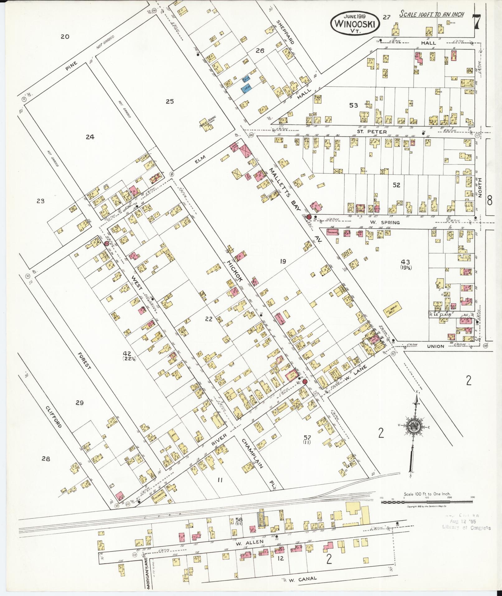 Sanborn Fire Insurance Map from Winooski, Chittenden County, Vermont (1919), Sheet #0007 - Complete Map Set gallery image, historic Sanborn map, vintage wall art, Vermont Vermont