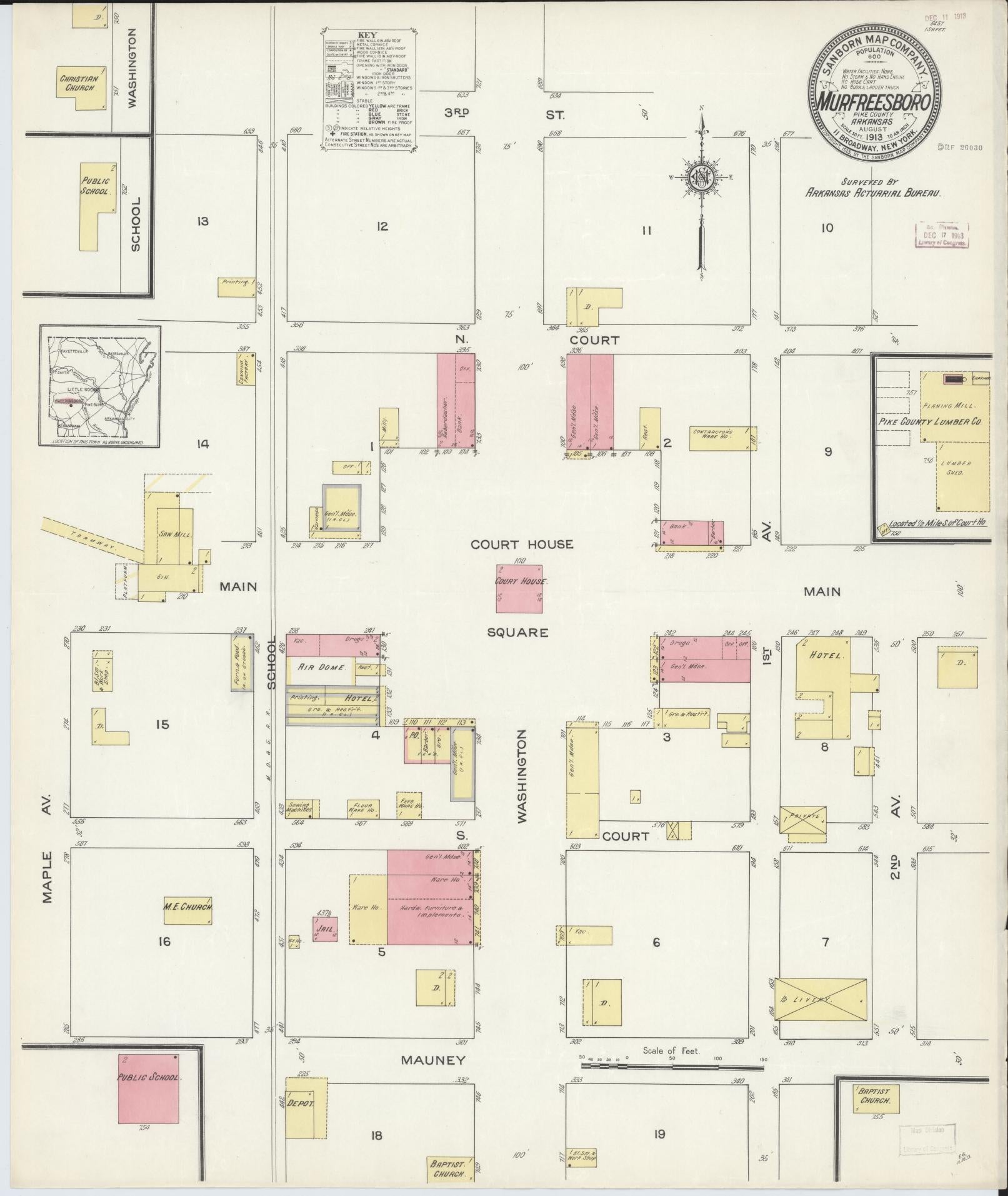 Sanborn Fire Insurance Map from Murfreesboro, Pike County, Arkansas (1913), Sheet #0001 - Historic Sanborn Fire Insurance Map Print, vintage old map wall art, antique decor, genealogy gift, Arkansas Arkansas map