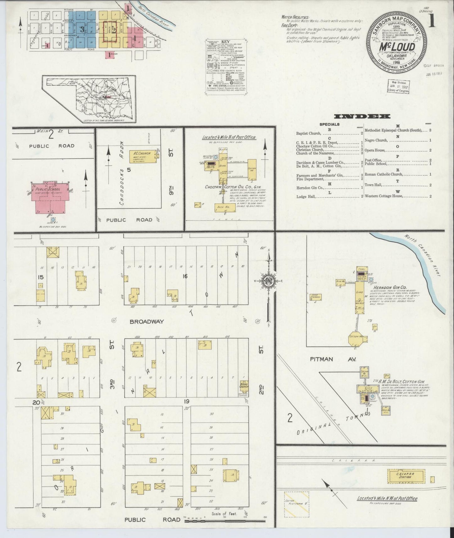 Sanborn Fire Insurance Map from McLoud, Pottawatomie County, Oklahoma (1916), Sheet #0001 - Complete Map Set gallery image, historic Sanborn map, vintage wall art, Oklahoma Oklahoma
