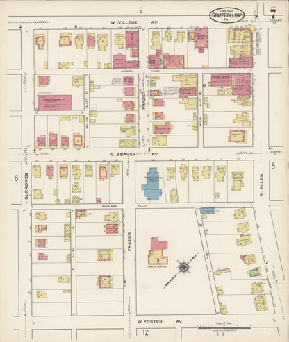 Sanborn Fire Insurance Map from State College, Centre County, Pennsylvania (1922), Sheet #0007 - Historic Sanborn Fire Insurance Map Print, vintage old map wall art, antique decor, genealogy gift, Pennsylvania Pennsylvania map