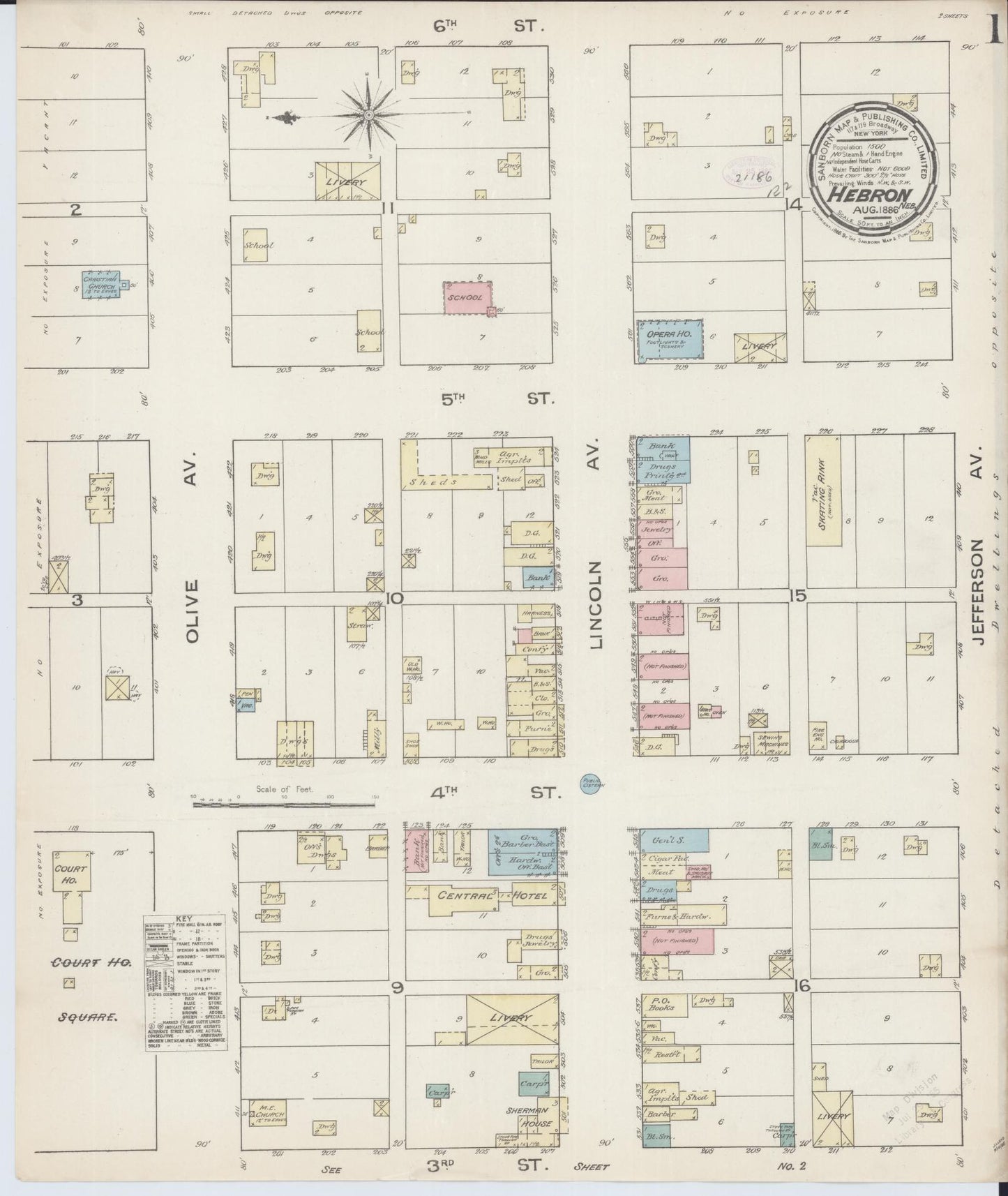 Sanborn Fire Insurance Map from Hebron, Thayer County, Nebraska (1886), Sheet #0001 - Complete Map Set gallery image, historic Sanborn map, vintage wall art, Nebraska Nebraska