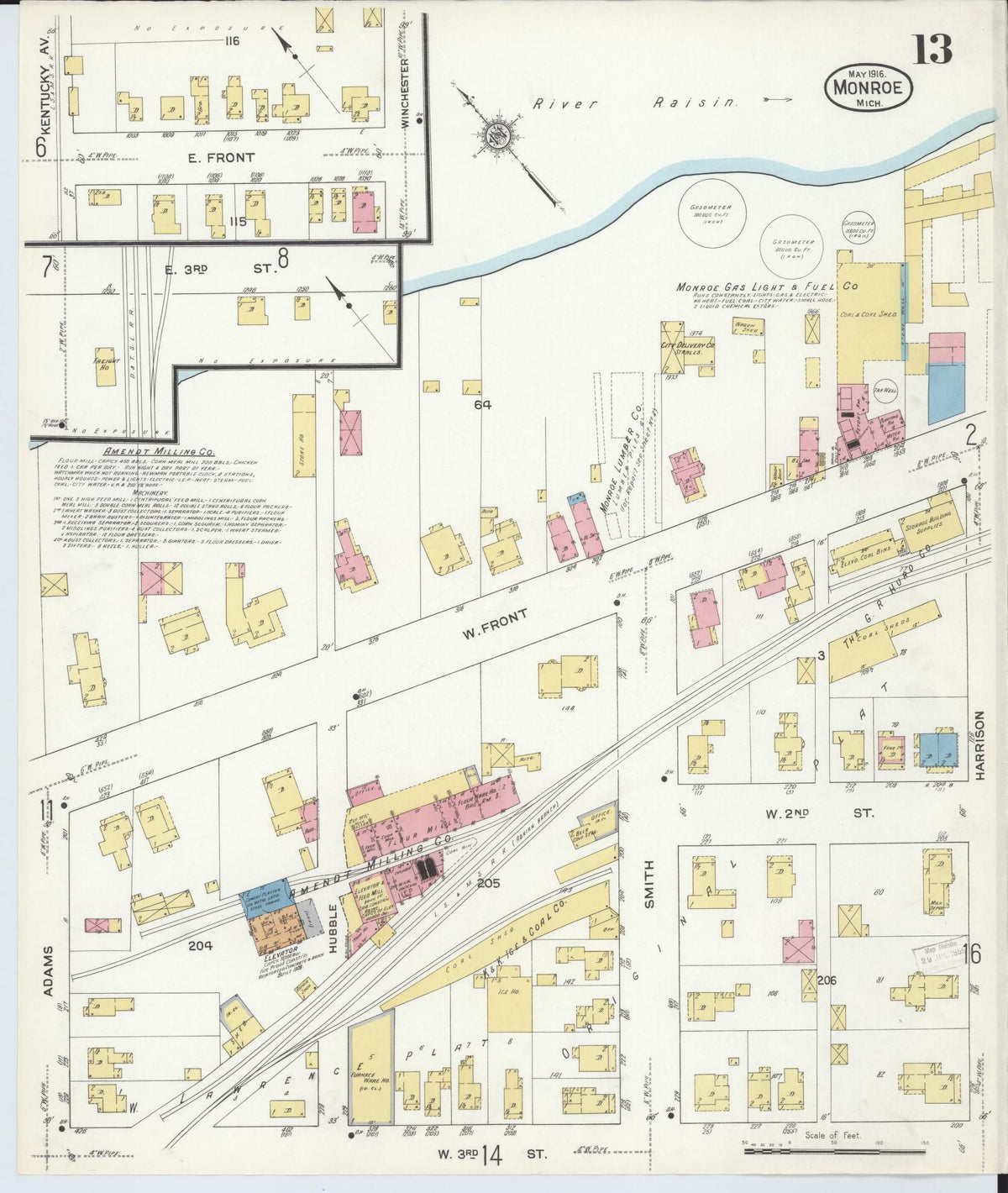 Sanborn Fire Insurance Map from Monroe, Monroe County, Michigan (1916), Sheet #0013 - Historic Sanborn Fire Insurance Map Print, vintage old map wall art, antique decor, genealogy gift, Michigan Michigan map